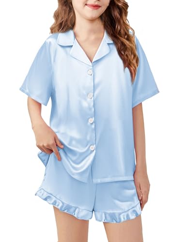 Image of Arshiner Girls Pajamas Silk Satin Pajama Set Button Pjs Ruffle Sleepwear | 2 Piece Nightwear, Silky Soft Lounge for Little & Big Kids, Ideal for Sleeping and Sleepover Party