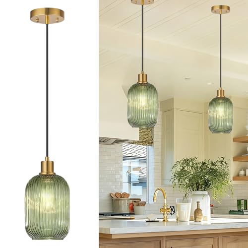 2 Pack Pendant Lights with Vintage Green Ribbed Glass Lampshade, Adjustable Brushed Gold Pendant Lights Fixtures for Kitchen Island Lighting Sink, Dining & Living Room Hallway (Bulbs Not Included)