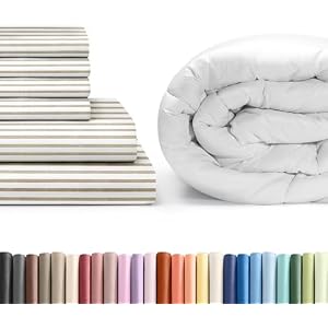 CGK Unlimited Beige Stripes 2 Sheet Set with Comforter (Cali King Size) - Bed Set Includes Fitted Sheet, Flat Sheet & Pillow Cases - Bedding Set - Breathable Bed Comforter Set