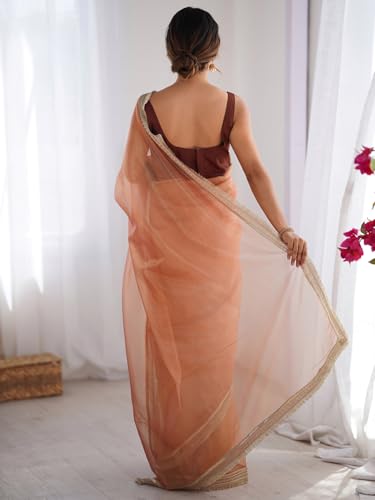 Image of AKHILAM Women's Shimmer Net Solid Saree With Unstitched Blouse Piece