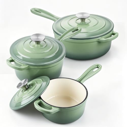 E-far 1Qt & 2Qt & 3Qt Enameled Cast Iron Sauce Pan Set & Self-basting Lids