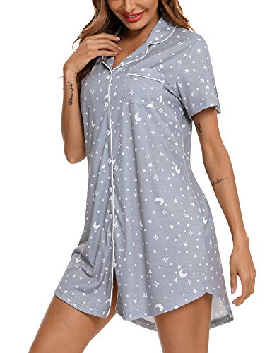 Image of Samring Pajama Nightgown for Women Short Sleeve Button Down Boyfriend Night Gown Nightdress Sleep Shirts
