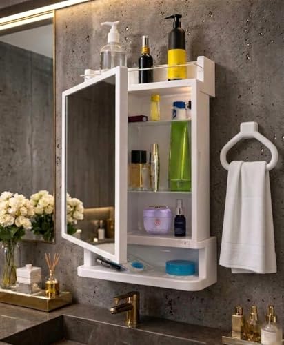 Image of CIPLA PLAST Rich Look Plastic Wall-Mounted Bathroom Mirror Cabinet with Storage Shelves, Single Door, Bathroom Mirror Cabinet with Towel Holder (White)