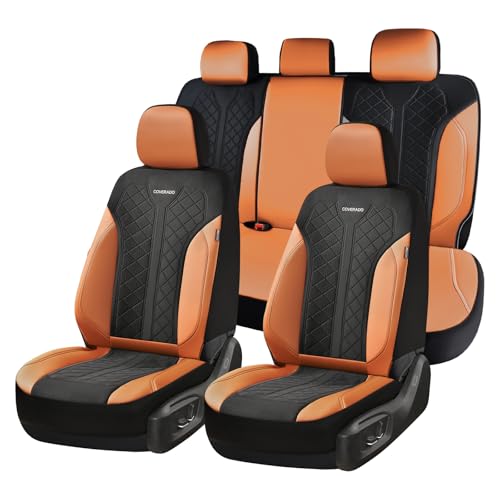 Image of Coverado Seat Covers Full Set, Brown Car Seat Covers, PU Leather & Breathable Mesh Seat Protectors, 5-Piece Automotive Seat Covers, Universal Fit for SUVs, Trucks, Sedans