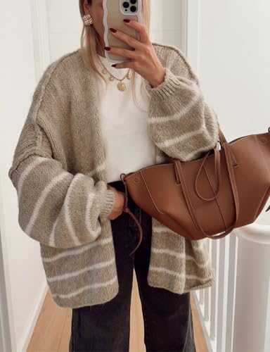 Mywinway Striped Cardigan Sweaters for Women Fall Open Front Lantern Long Sleeve Knit Chunky Loose Lightweight Sweater2