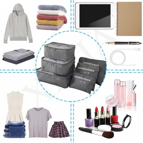 Image of Foldable Travel Luggage Organizer Storage Bags - 6 Piece Packing Cube Set with Zipper, Lightweight Suitcase Organizers for Clothes, Shoes & Laundry, Space-Saving Travel Packing System