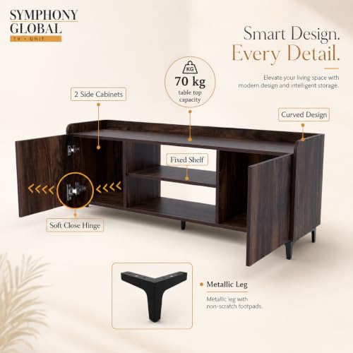 Image of Studio Kook Symphony Global 150 cm TV Unit, Junglewood | 150 cm engineered wood TV cabinet for 40-65 inch TVs, with two side cabinets, open shelves and a 70 kg tabletop capacity.