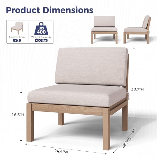 Image of Outdoor Patio Chairs Set of 2, HIPS Modular Sectional Seatings & Thick Cushions- Side Interlock Easy to Connect, Weatherproof Patio Furniture Set for Backyard, Deck, Poolside (Teak)