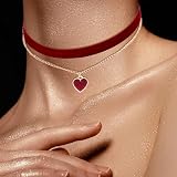 HekouJiub Gothic Samt Halskette Halloween Rot Trachtenkette Damen Choker Halskette mit Herzanhänger Verstellbare Herz Halsband 80er 90er Jahre Schleifenkette für Halloween Cosplay Party