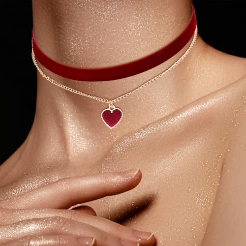 HekouJiub Gothic Samt Halskette Halloween Rot Trachtenkette Damen Choker Halskette mit Herzanhänger Verstellbare Herz Halsband 80er 90er Jahre Schleifenkette für Halloween Cosplay Party