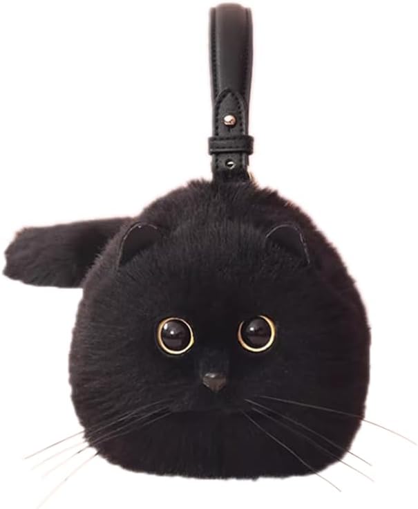 Kawaii Cat Shaped Crossbody Purse - Soft Faux Fur Realistic Cat Handbag for Women Halloween Daily Use