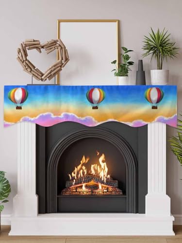 Fireplace Mantel Scarf Hot Air Balloon Mantle Scarf Decorative Fireplace Cover for Living Room, Boho Blue Orang Pink Sky Sunset Vintage Mantel Shelf Top Scarves Runner for Holiday Festive 60"x17"