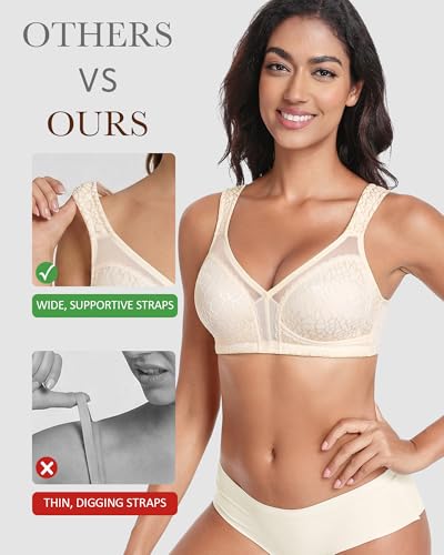 Lemorosy Damen Komfort Vollschalen Minimizer BH Ohne Bügel Ungepolstert Große Brüste Starker Halt Bügelloser Klassischer Entlastungs Bra (100G, Beige) 4
