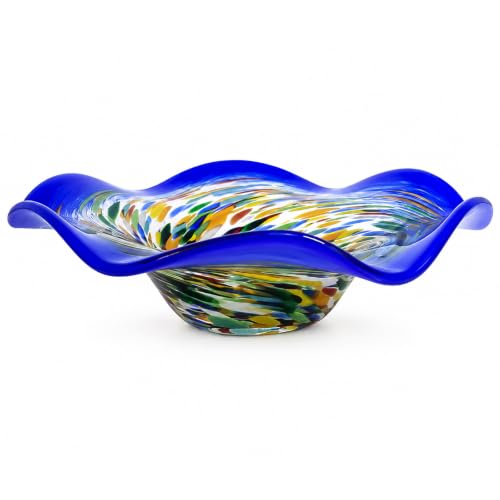 ORRFIDDY Hand Blown Murano-style Art Glass Bowl, 10.2-Inch Large Decorative Centerpiece for Table, Cobalt Blue Fruit Display & Kitchen Counter Decor