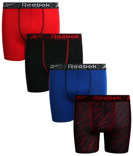 Reebok Boys Boxer Briefs - 4 Pack Performance Stretch Soft Comfort Boys Underwear - Breathable Active Boxers for Boys (6-18), Size 16-18, Black Print/Blue/Black/Red