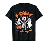 Chemise d'Halloween hilarante avec costume de squelette, seau à bonbons et texte en gras « F-CAW-F ». Un mélange parfait de effrayant et de rigolote pour ceux qui aiment les poulets et l'humour avant-gardiste.