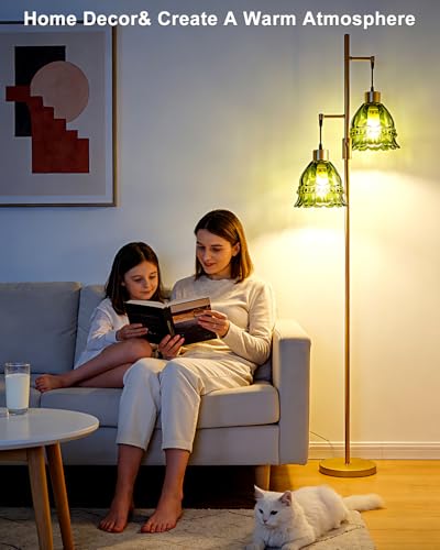 Image of 2-Light Modern Glass Floor Lamp, Gold Standing Tall Lamp with Green Lace Glass Shade for Reading, Dimmable LED Floor Lamp with 5Lbs Heavy Base for Living Room Bedroom Home Decor, Bulb Included