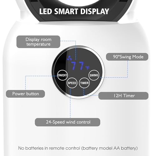 Image of 36 inch Bladeless Tower Fan for Bedroom, Powerful 26ft /s Airflow, 24 Speeds, 90 Oscillation, 12H Timer, Standing Fans with Remote, Quiet Bladeless Cooling Fan for Home Office Room, White Black