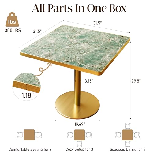 Image of 63 inch Square Dining Table, Tulip Table with 1.2 inch Thick Sintered Stone Tabletop and Golden Metal Pedestal Base, Small Square Dining Tables for Diner,Bar,Restaurant,kitchen,Bakery,Apartment (Verde Alpi)