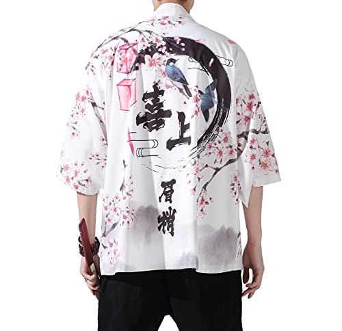 Image of PRIJOUHE Men's Lightweight Kimono Jacket Seven Sleeve Open Front Cardigan Coat Japanese Style Bathrobe