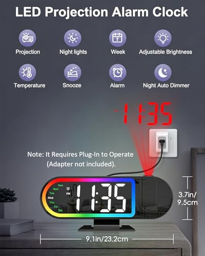 Projection Alarm Clock for Bedroom Ceiling, 8.5" Large Display Alarm Clock with 180° Rotatable Projector, 4 Brightness, 17 Ambient Light, Temp & Weekday, Snooze, Digital Clocks for Home Decor - Image 2