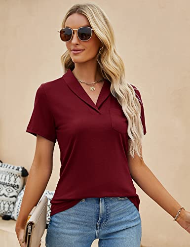 Zhenwei V Neck Collared T Shirts For Women Short Sleeve Business Casual Blouses Tops Work Polo Shirts Wine Red Xxl #TOP2