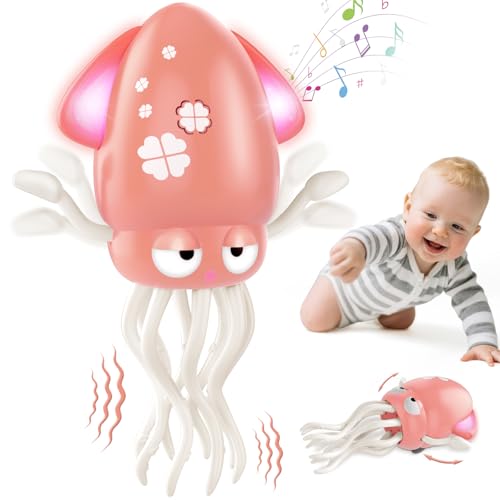 Image of AOTIBO Baby Dancing Octopus Toy for 1 2 3 4 5 Year Old Boy Girl, Baby Tummy Time Electric Crawling Octopus Toys 12-18 Months, Dancing Squid Toy for Walking Toddlers, Kids 1st Birthday Gifts, Pink
