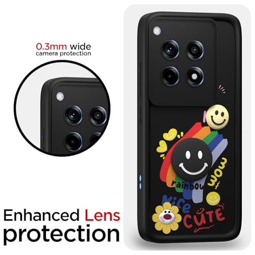 Image of Pikkme Back Cover for OnePlus 12R 5G | Soft Silicone| Cute Rainbow Smile & 3D Cartoon Flower Design | Shockproof Raised Camera Protection Bumper Case (Black)