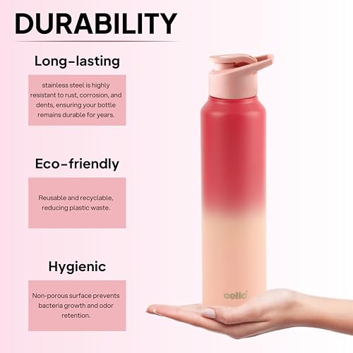 Image of CELLO Aqua Pro Max Stainless Steel Water Bottle 1000 ml Pink | ISI Certified Single Wall Rust & Leakproof Fridge Safe Water Bottle |Stylish Easy Grip Colorful Steel Water Bottle For Office & Daily Use