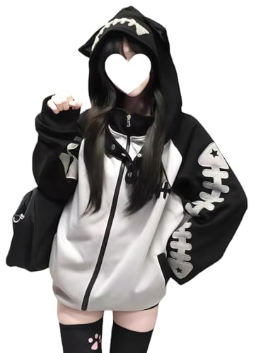 ISMT TZ TM Y2K Cat Ear Hoodie for Girls Oversized Zip Up Sweatshirt with Fishbone Print Kawaii Harajuku Streetwear Jacket (Medium) Black