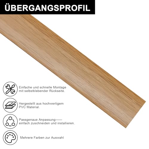 Miniatura 2 de Perfil De Transición Autoadhesivo, Perfil En T, 5 X 100 Cm, Flexible De Pvc, Para Todo Tipo De Suelos, Recortable E Impermeable Grano De Madera Clara, 1 M