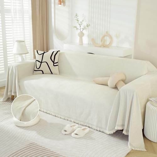 DREAMINGO Funda minimalista moderna para sofá de 3 cojines, color blanco crema, funda de sofá modular de 3 plazas, funda de felpilla para perros, funda bohemia de espiga para sofá, 71 x 134 pulgadas