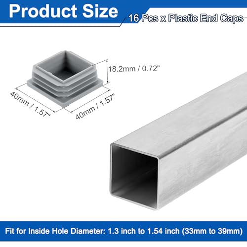 Image of uxcell 1 9 /16 inch (40mm) Square Tubing End Caps, 16 Pcs Plastic Hole Plugs Insert End Cap for Metal Tubing Post Chair Leg Table Bookshelves Furniture, Grey
