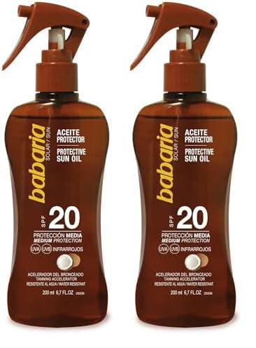 Babaria - Aceite Protector Solar SPF20 UVA-UVB e Infrarrojos en Formato Pistola, Acelerador del Bronceado, Hidratante, Contiene Aceite de Coco, Resistente al Agua, Vegano - 200 ml (Paquete de 2)