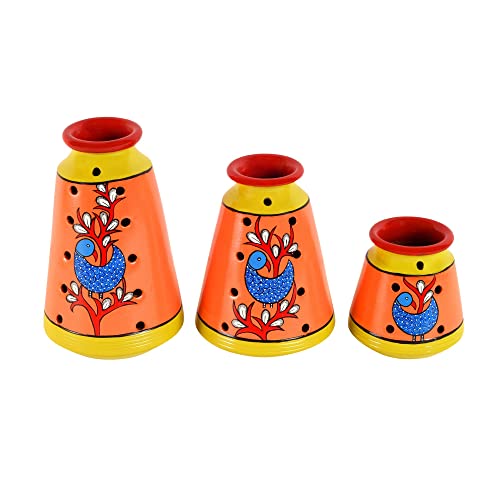 Image of Aakriti Art Creations Dancing Peacock Terracotta Vase Set of 3 | Handmade Multicolor Madhubani Art Flower Vases | Matte Finish Decorative Vases for Living Room, Table Decor & Gifting