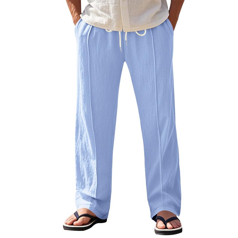 Mens Linen Blend Pants Loose Fit Elastic Waist Drawstring Lightweight Breathable Summer Beach Trousers with Pockets