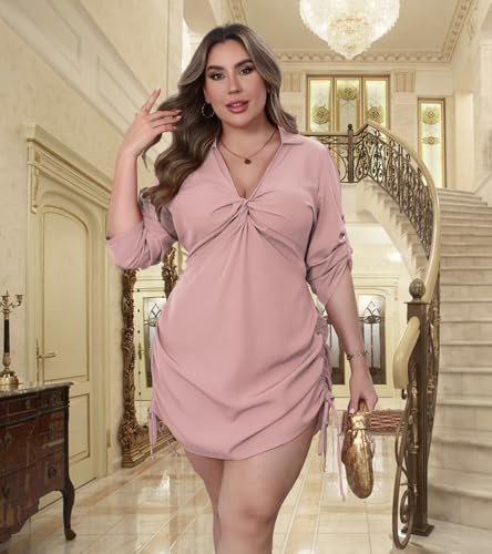 Image of VillbeCoser Women's Plus Size Dress Long Sleeve V Neck A Line Mini Short Cocktail Summer Casual Dress