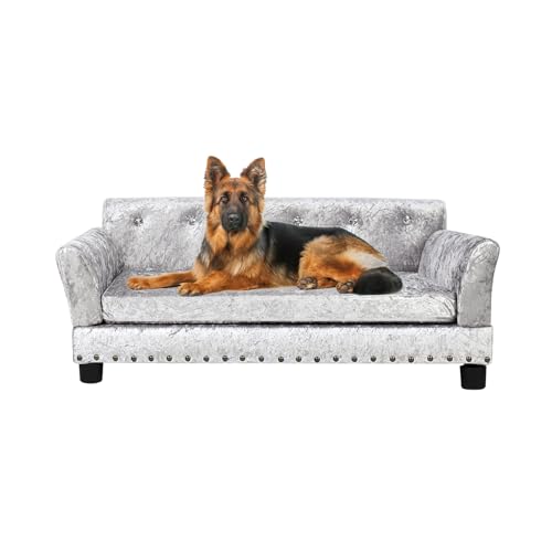 BingoPaw Large Dog Sofa Couch: Luxury Velvet Upholstered Pet Sofa Lounge Bed for Large Dogs - Wooden Frame Raised Puppy Sofa Chair with Comfortable Cushion Mat Grey L(96X70cm)
