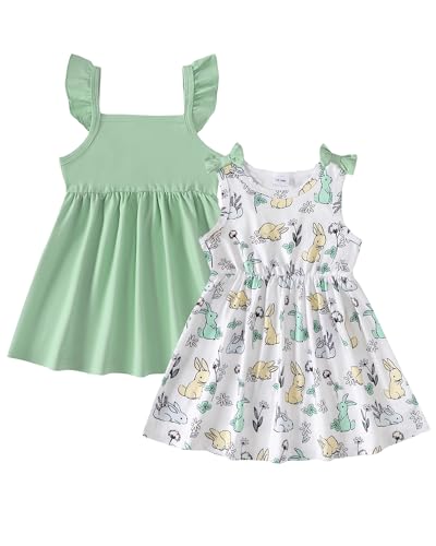 Saeaby Toddler Girl Dress 2T Girl Clothes Green Bunny Summer Dresses 2 Pack Round Neck Sleeveless & Flutter Sleeve Boho Sundress Dress 3T Girl Outfit