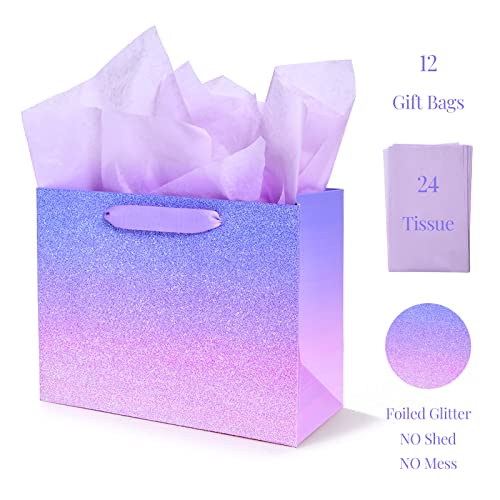 PAPER FAIR 12Pcs Ombre Purple Pink Gift Bags Bulk w/ 24 Tissue Paper, 9 x 7 In, Gradient Pastel Glitter Paper Gift Wrap Bag, Recyclable Gift Packaging for Wedding Birthday Mother\'s Day Baby Shower