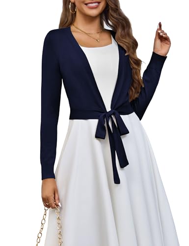 Image of VOIANLIMO Women's Cardigan Knit Sweaters Long Sleeve Cropped Tie Front Bolero Shrug for Dresses S-XL