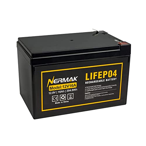 NERMAK 12V 16Ah Lithium LiFePO4 Deep Cycle Battery, 2000+ Cycles Lithium Iron Phosphate Rechargeable Battery for Solar/Wind Power, Lighting, Scooters, UPS, Power Wheels, Fish Finder, Built-in 16A BMS