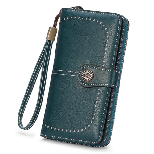 Image of Wristlet Wallets for Women Leather Credit Card Holder Bifold Blue | RFID Blocking, Large Capacity, Ladies Phone Clutch Purse with Zippered Coin Pocket
