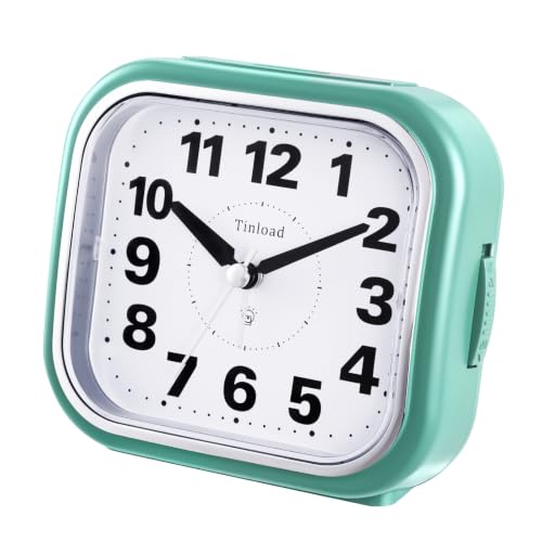 Image of Tinload 4.3 inch No Ticking Analog Alarm Clock,Silent Readable for Seniors,Easy to Set,Gradual Rise Alarm,Big Numbers,On /Off Switch on Side,Gentle Wake,Snooze,Lighted on Demand,Battery Operated,Green