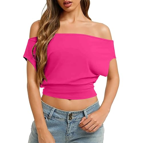 ZTFYKLIN Camisetas Tirantes Mujer Top Sexy Ajustado De Manga Larga Con Hombros Descubiertos Para Mujer, Corte Entallado Salir, Camiseta Ajustada, Estética Chica Limpia (Hot Pink, S) Azul Ropa