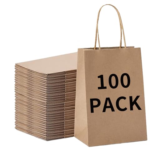 BAG BOX 100 Pcs Medium 8.25x4.3x10.6 Inch Brown Kraft Paper Gift Bags with Handles for Bulk Wedding Party Favors Grocery Shopping Retail Merchandise Gift Sacks