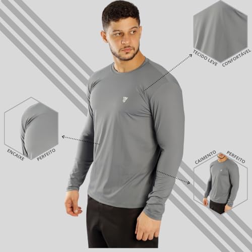 Camisa Manga Longa Masculina Proteção Solar +50 Segunda Pele (BR, Alfa, M, Slim, CINZA)