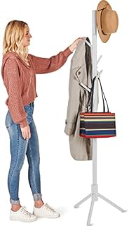 High-Grade Wooden Tree Coat Rack Stand, 6 Hooks - Super Easy Assembly NO Tools Required - 3 Adjustable Sizes Free Standing Coat Stand, Hallway Coat Hanger Hat Stand, for Handbag, Clothes & Accessories