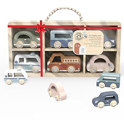 SPEEDY MONKEY Set of 6 Little Toy Cars & Wooden Case | For Boys & Girls 24m+ | Vibrant Colours, Safe, Smooth Edges, Non Toxic Paint | FSC Certified Wooden Toys | Gifts for 1 2 3 Year Old Boys & Girls