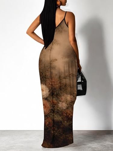 Image of Women's Summer Maxi Dress Spaghetti Strap Floral Boho Beach Long Sundress with Pockets